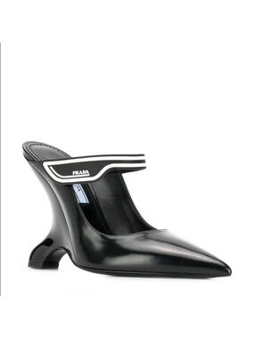 PRADA 2019 Spazzolato Leather Jane Sculptural Heel Pumps Black White Logo EU39